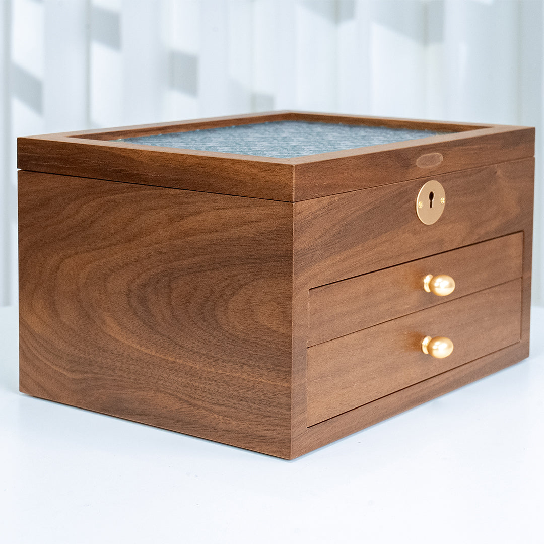 Lockable Wooden Jewelry Storage Box with Glass Lid