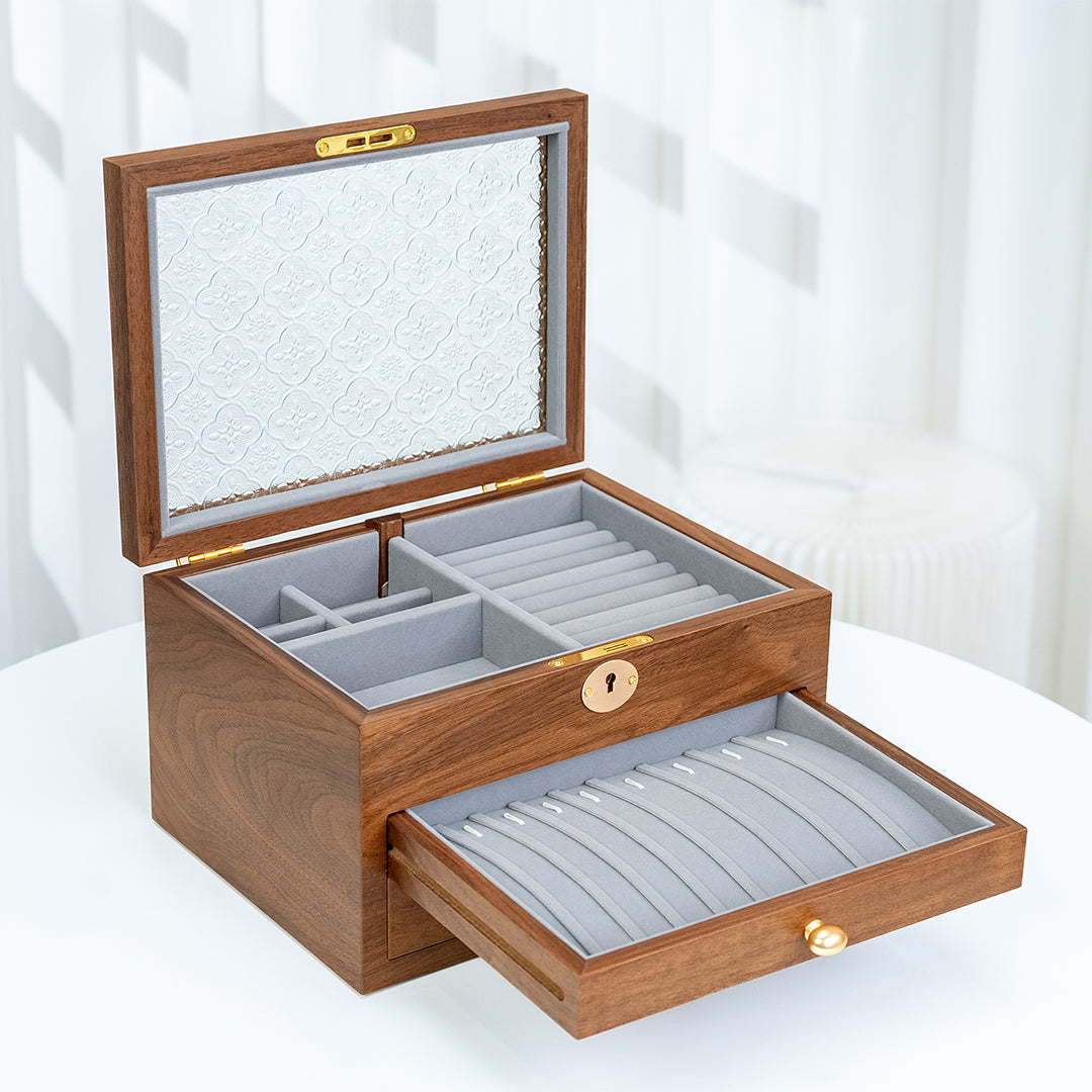 Lockable Wooden Jewelry Storage Box with Glass Lid