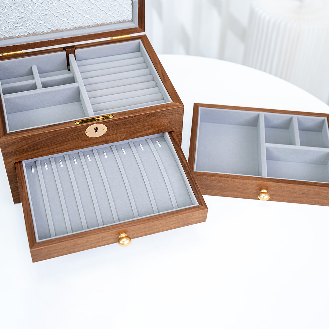 Lockable Wooden Jewelry Storage Box with Glass Lid