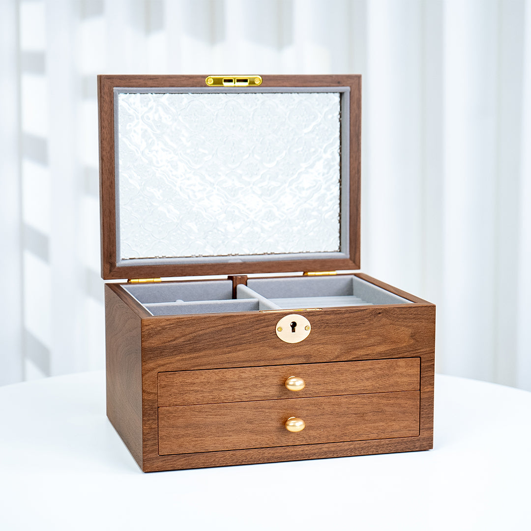 Lockable Wooden Jewelry Storage Box with Glass Lid