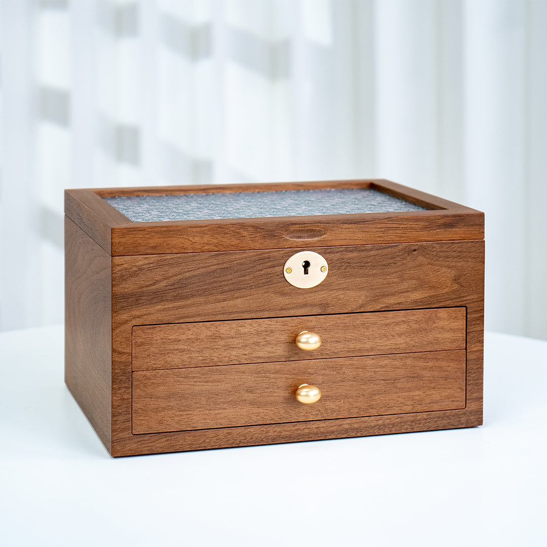 Lockable Wooden Jewelry Storage Box with Glass Lid