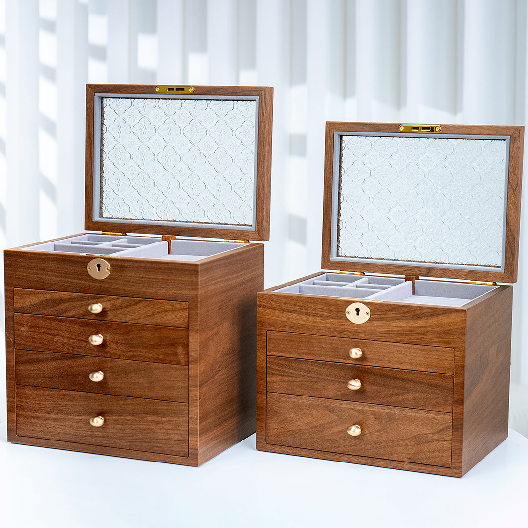 Lockable Wooden Jewelry Storage Box with Glass Lid