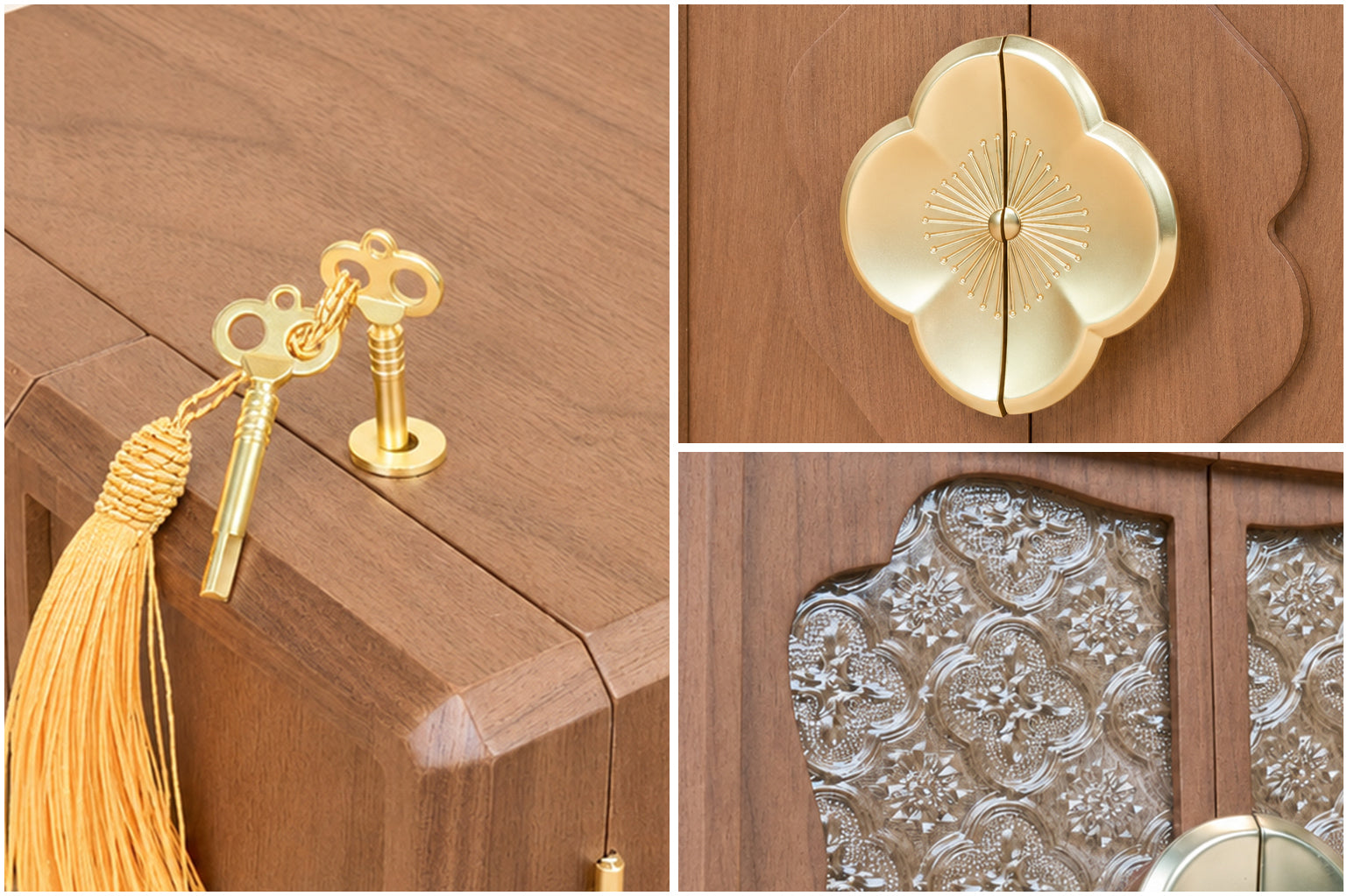 Lockable Walnut Jewelry Cabinet with Flower Hardware & 5 Drawers 1