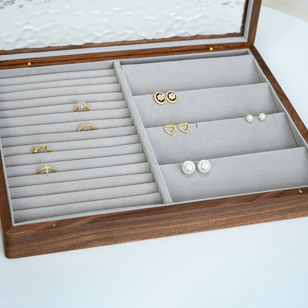 Solid Walnut Jewelry Box with Top Glass Lid