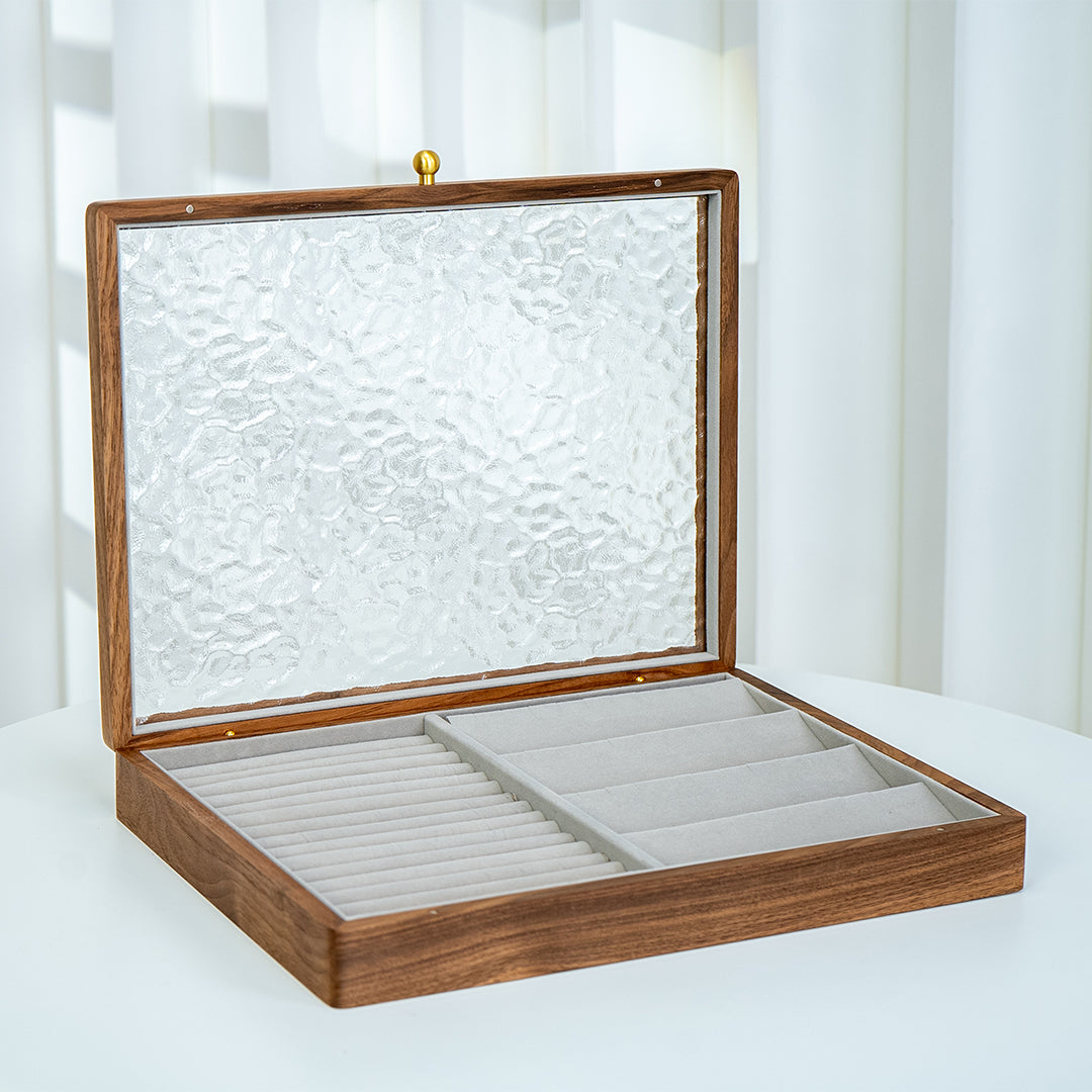 Solid Walnut Jewelry Box with Top Glass Lid