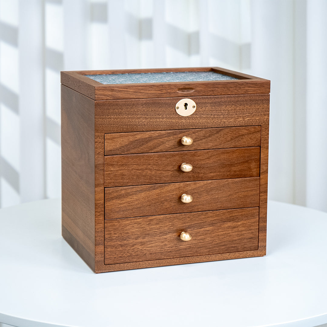 Lockable Wooden Jewelry Storage Box with Glass Lid