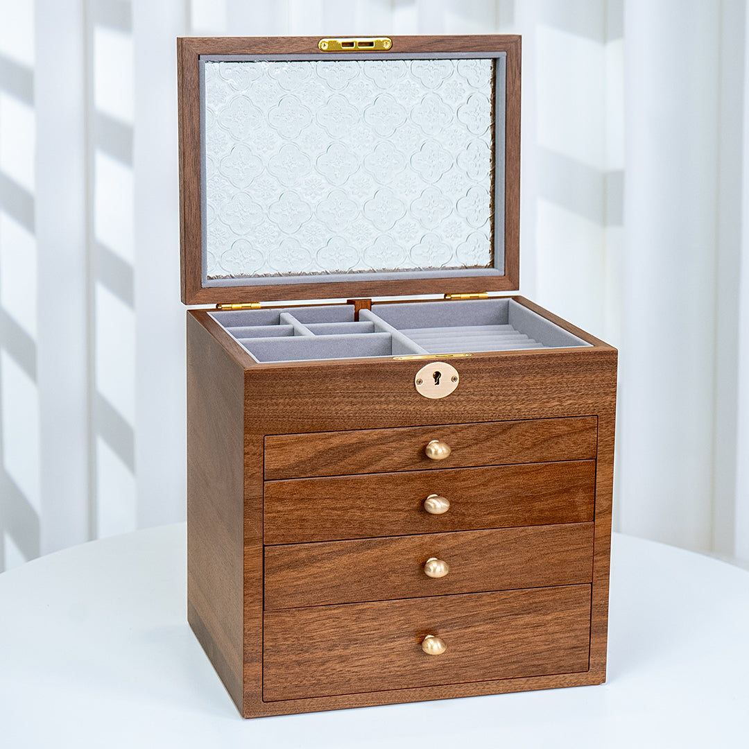 Lockable Wooden Jewelry Storage Box with Glass Lid