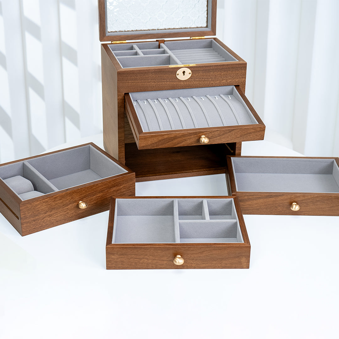 Lockable Wooden Jewelry Storage Box with Glass Lid