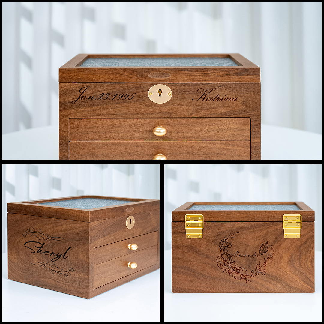 Lockable Wooden Jewelry Storage Box with Glass Lid