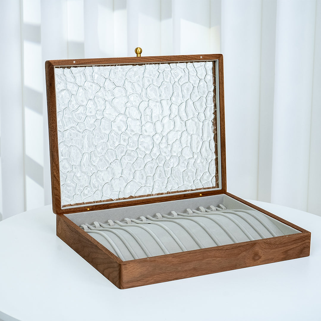 Solid Walnut Jewelry Box with Top Glass Lid