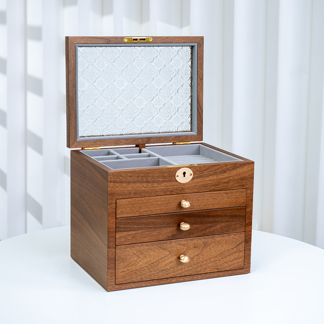 Lockable Wooden Jewelry Storage Box with Glass Lid