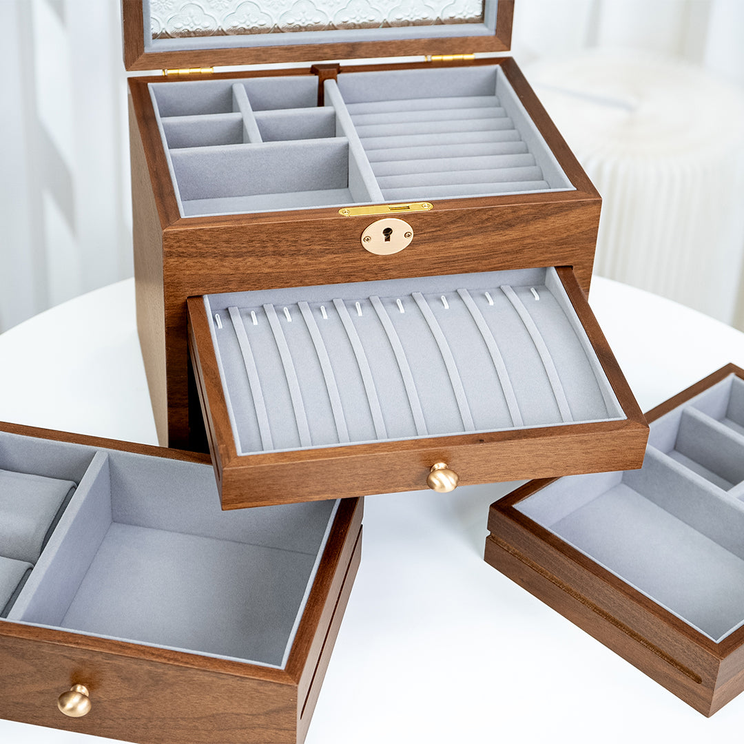 Lockable Wooden Jewelry Storage Box with Glass Lid