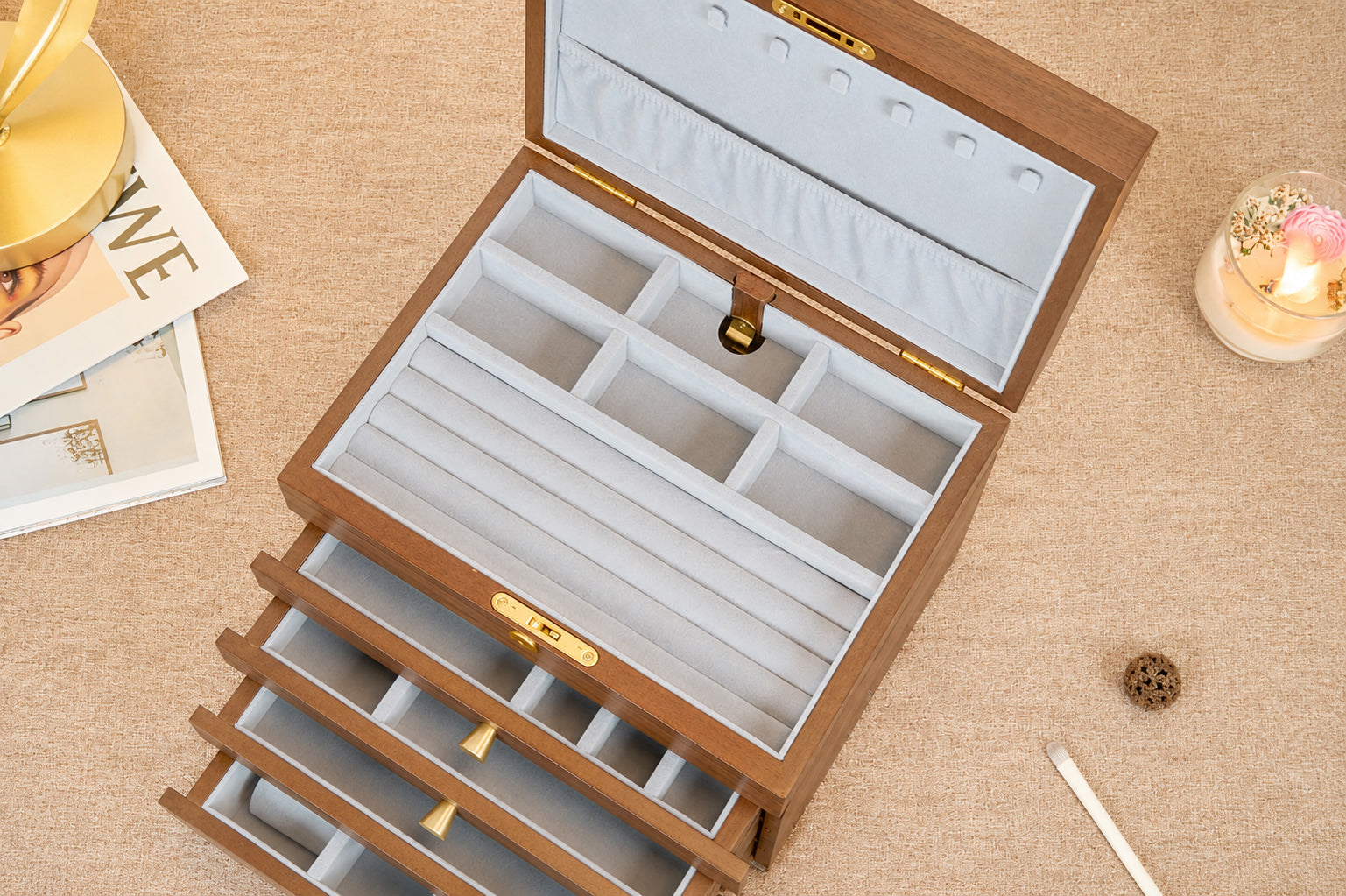 Lockable Walnut Jewelry Box with 4 Drawers & Necklace Hooks 4