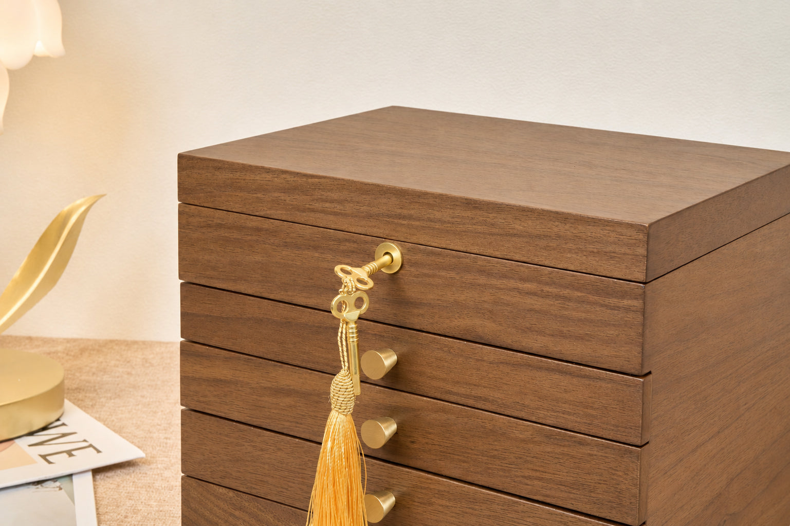 Lockable Walnut Jewelry Box with 4 Drawers & Necklace Hooks 5