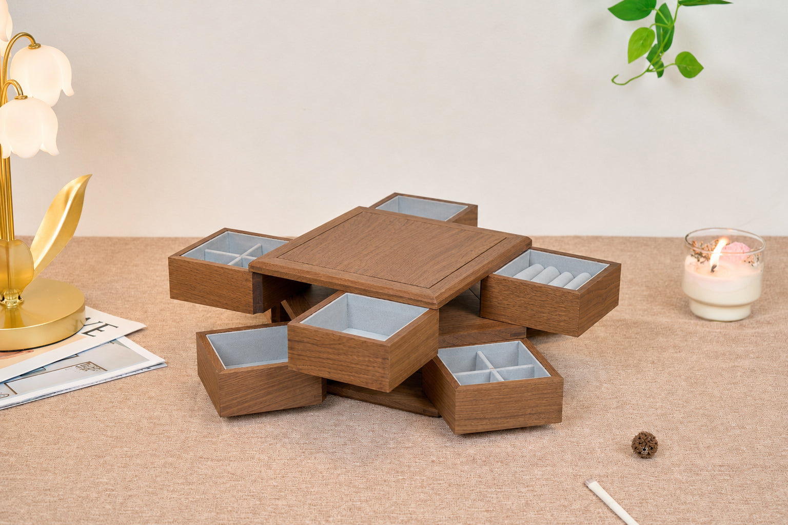 4-Drawer Walnut Jewelry Box with Ring, Watch & Earring Trays 4