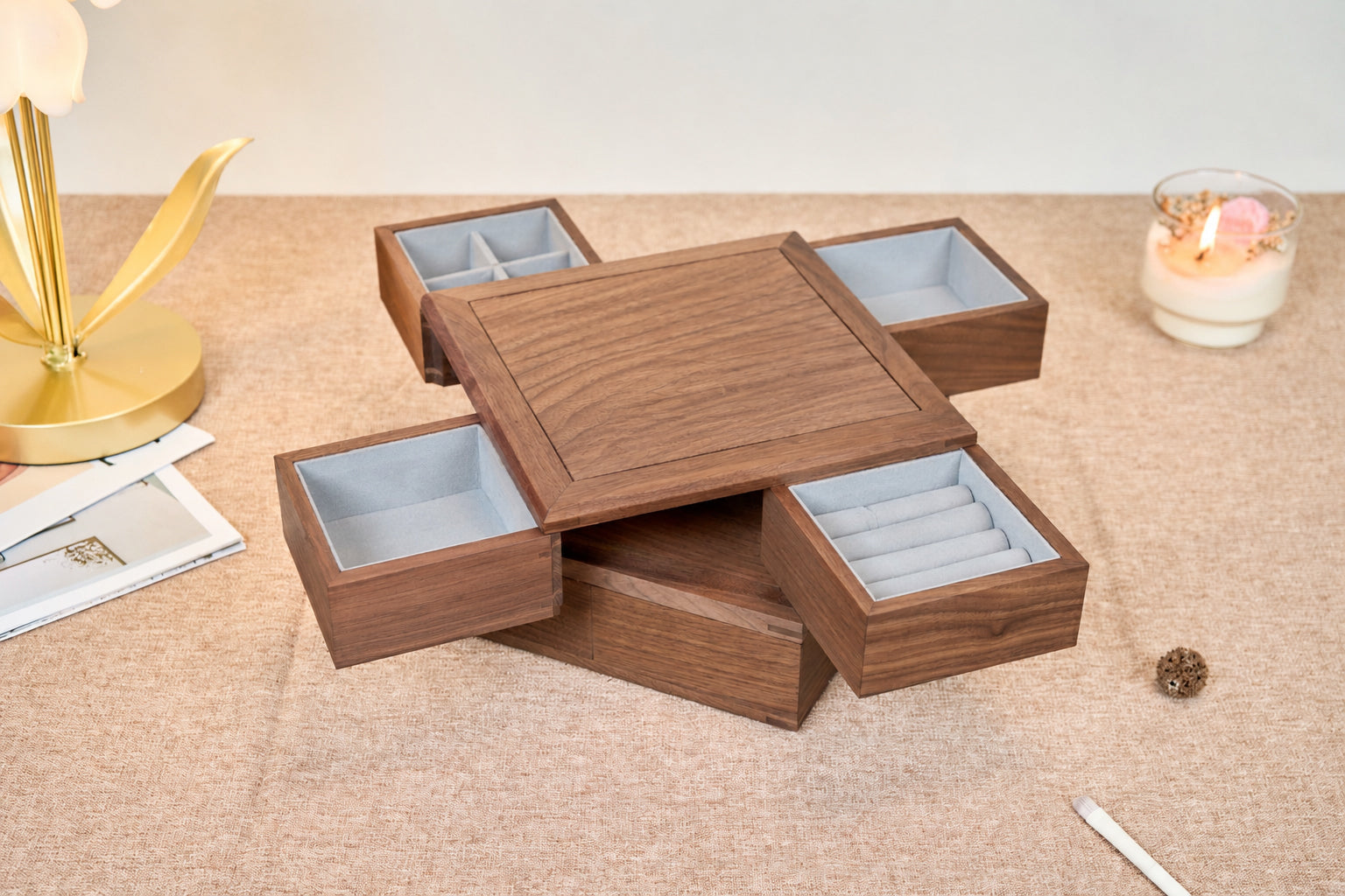 4-Drawer Walnut Jewelry Box with Ring, Watch & Earring Trays 7