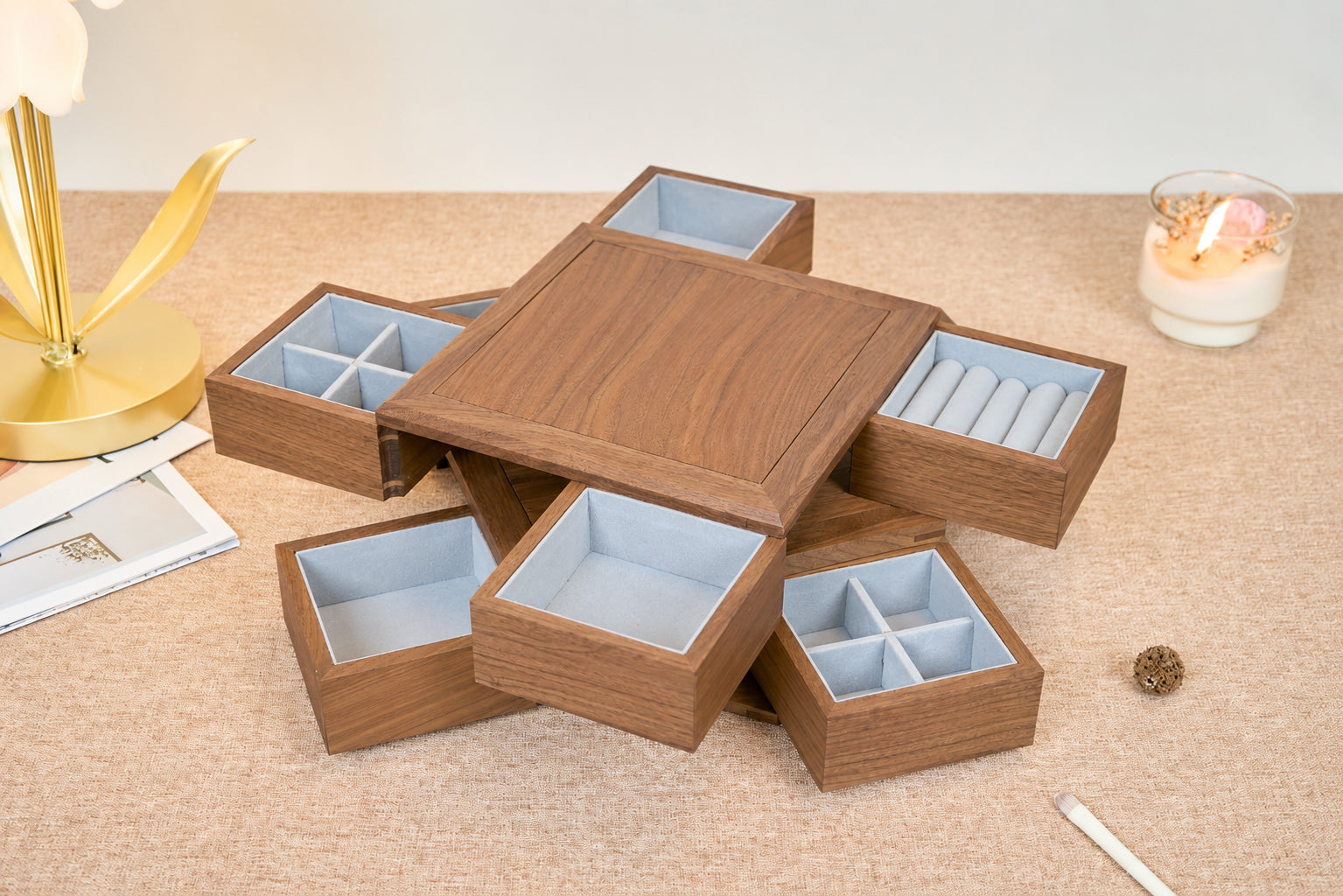 4-Drawer Walnut Jewelry Box with Ring, Watch & Earring Trays 10