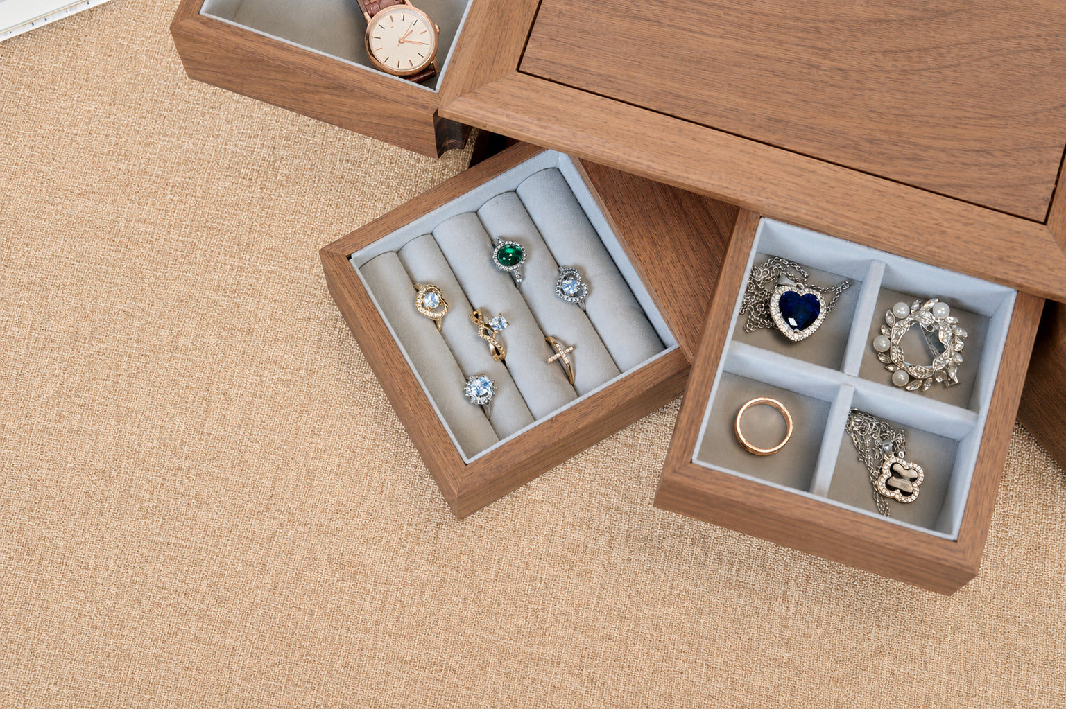 4-Drawer Walnut Jewelry Box with Ring, Watch & Earring Trays 18