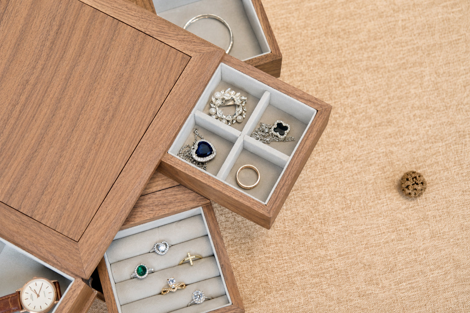 4-Drawer Walnut Jewelry Box with Ring, Watch & Earring Trays 19