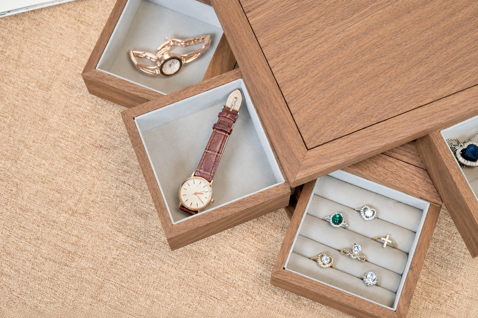 4-Drawer Walnut Jewelry Box with Ring, Watch & Earring Trays 20