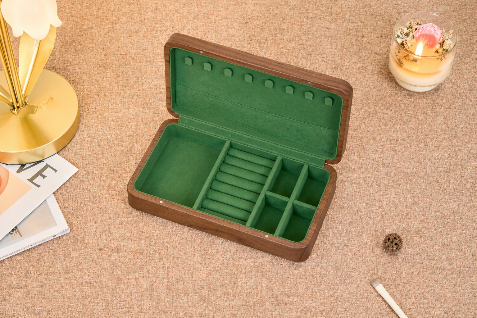 Walnut Jewelry Box with Green Lining, Necklace Hooks & Ring Tray 15