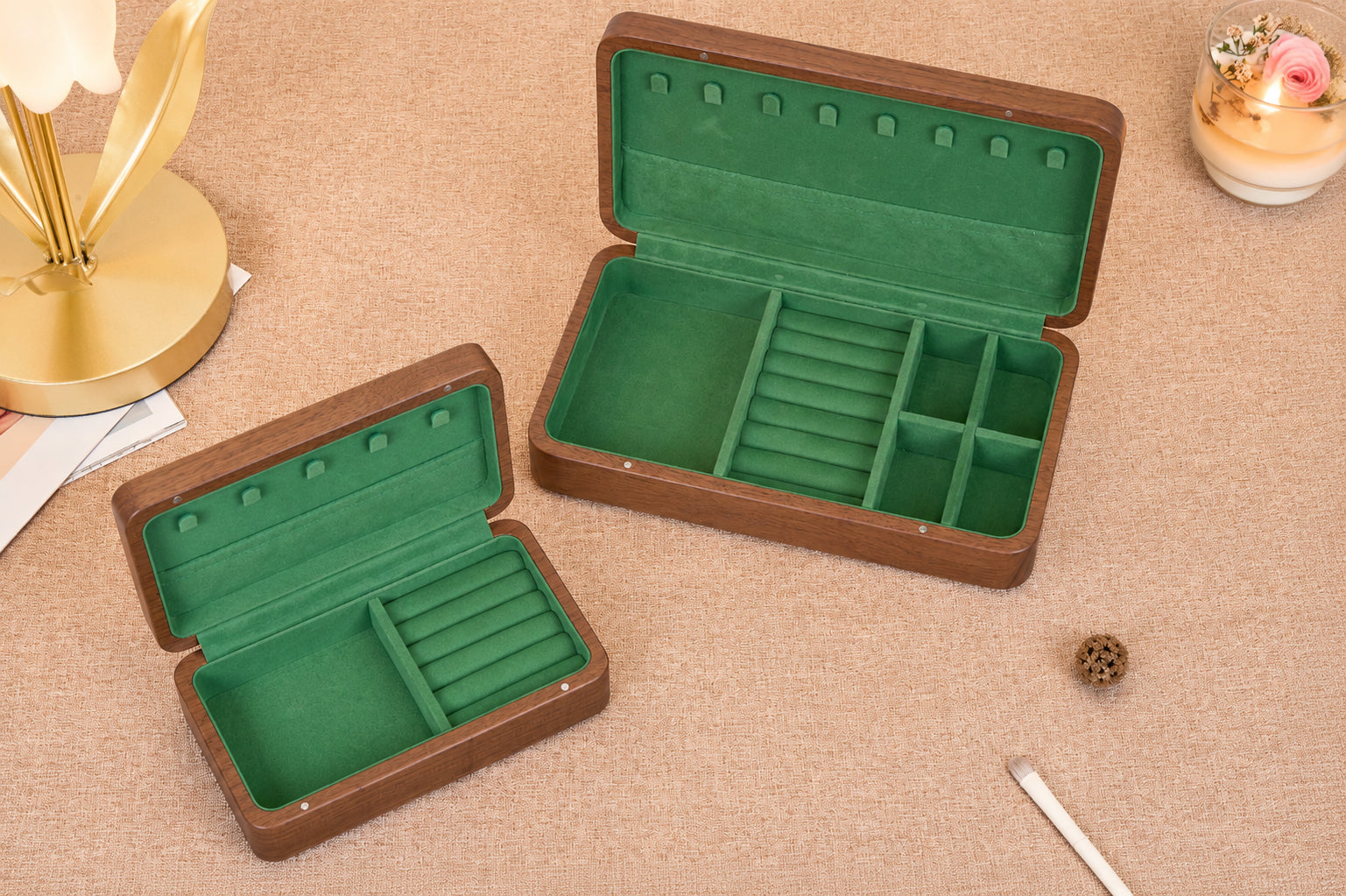 Walnut Jewelry Box with Green Lining, Necklace Hooks & Ring Tray 17