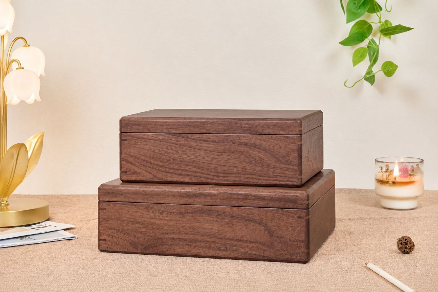 Walnut Jewelry Box with Green Lining, Necklace Hooks & Ring Tray 21