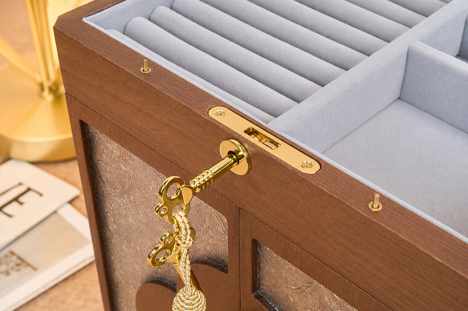 Lockable Walnut Jewelry Cabinet with Double Doors & 5 Drawers 16