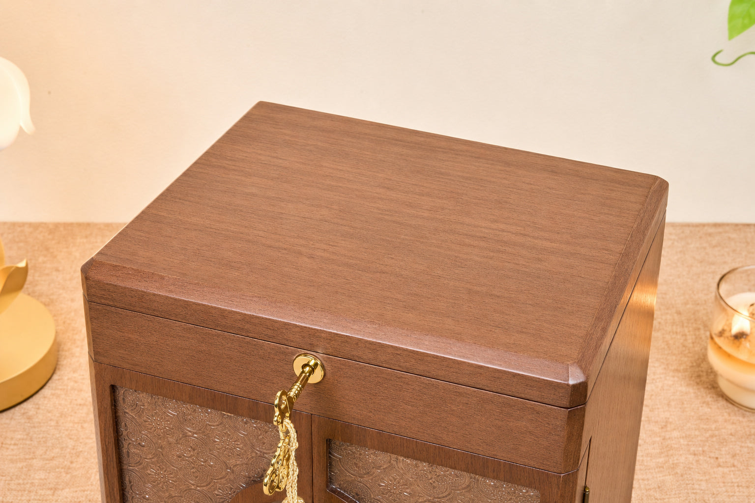 Lockable Walnut Jewelry Cabinet with Double Doors & 5 Drawers 17
