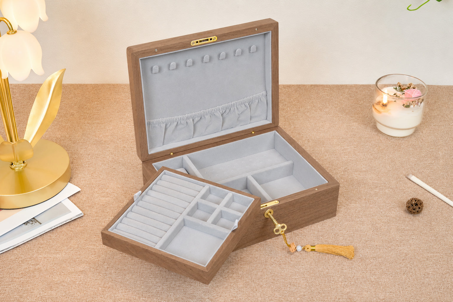 Lockable Walnut Jewelry Box with Necklace Hooks & Ring Storage 4