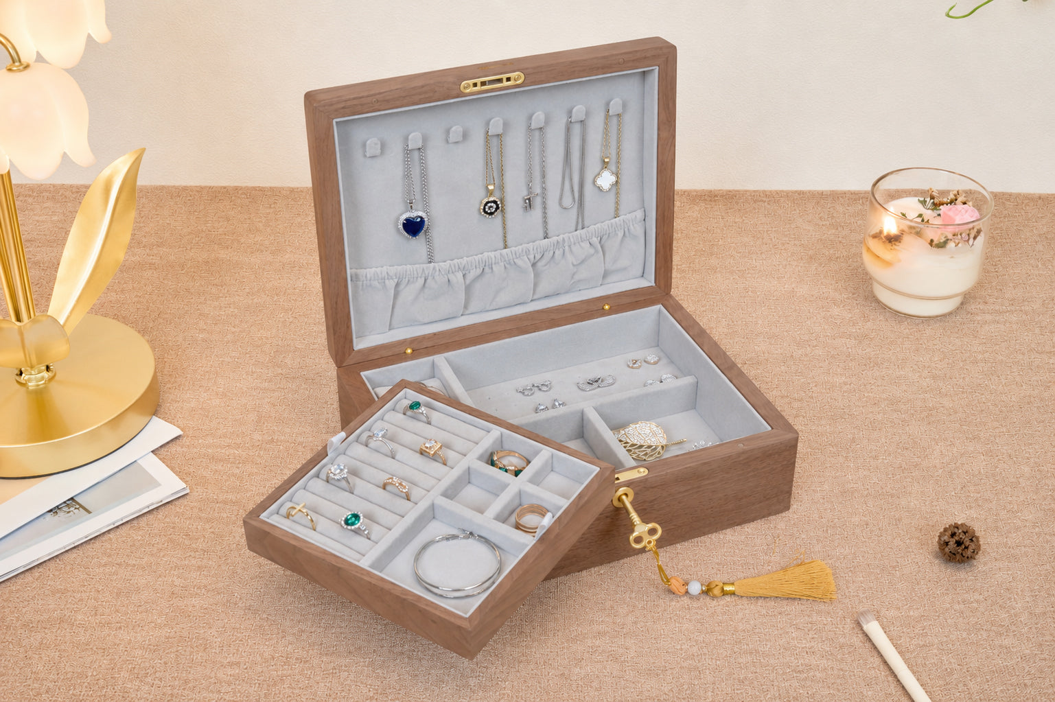 Lockable Walnut Jewelry Box with Necklace Hooks & Ring Storage 9