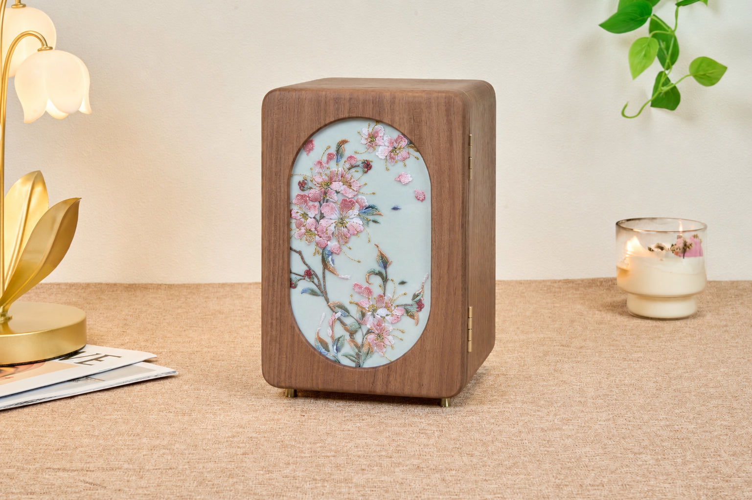 Floral Walnut Jewelry Cabinet with 5 Drawers & Necklace Hooks 1