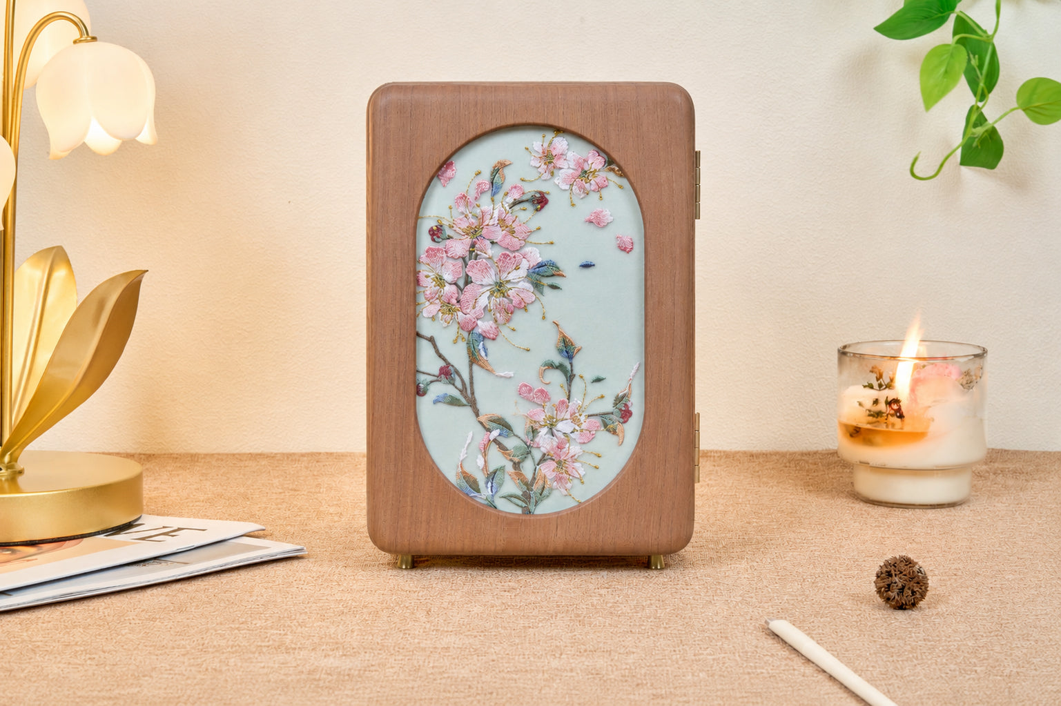 Floral Walnut Jewelry Cabinet with 5 Drawers & Necklace Hooks 8
