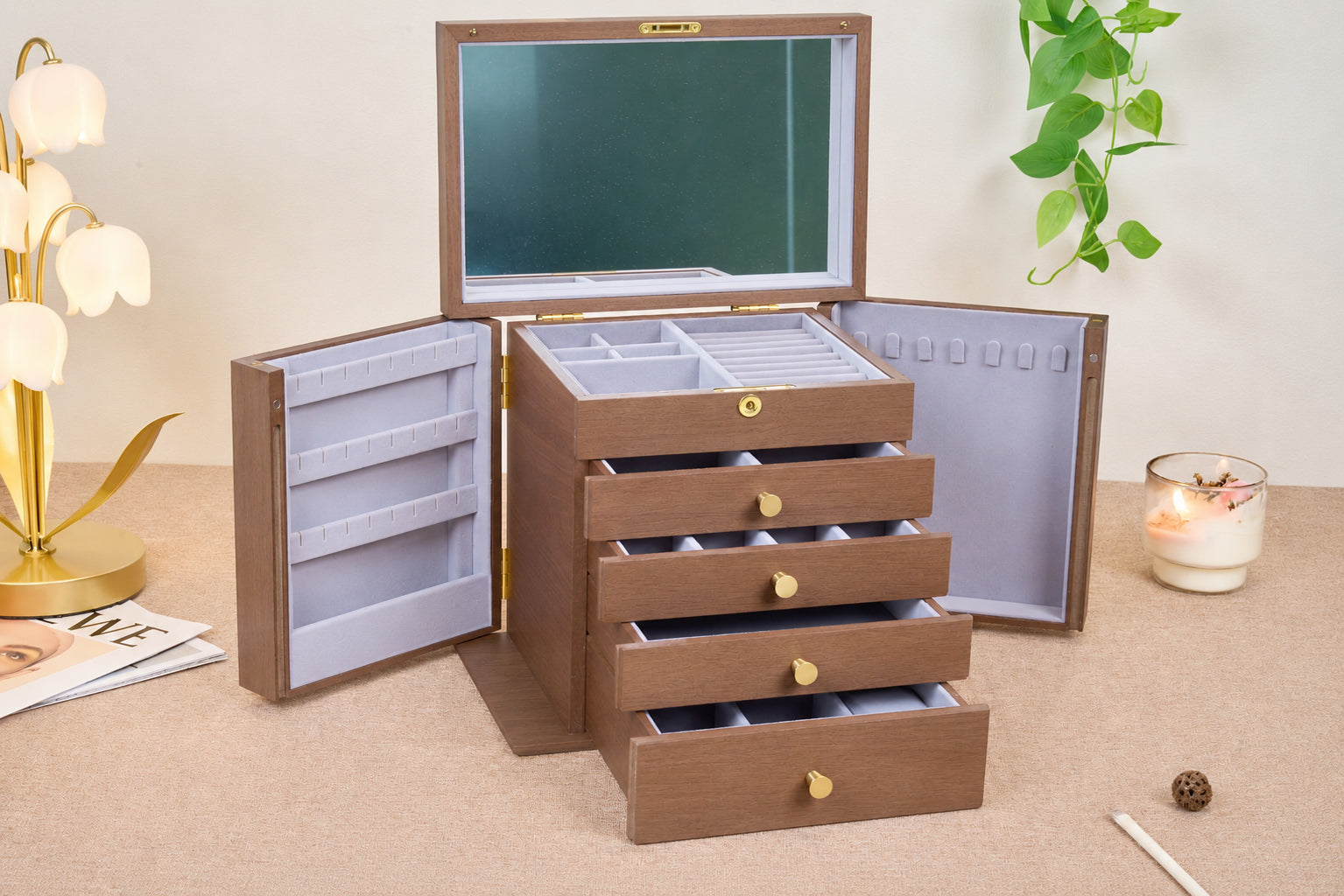 Lockable Walnut Jewelry Box with Mirror, Side Doors & 4 Drawers 6