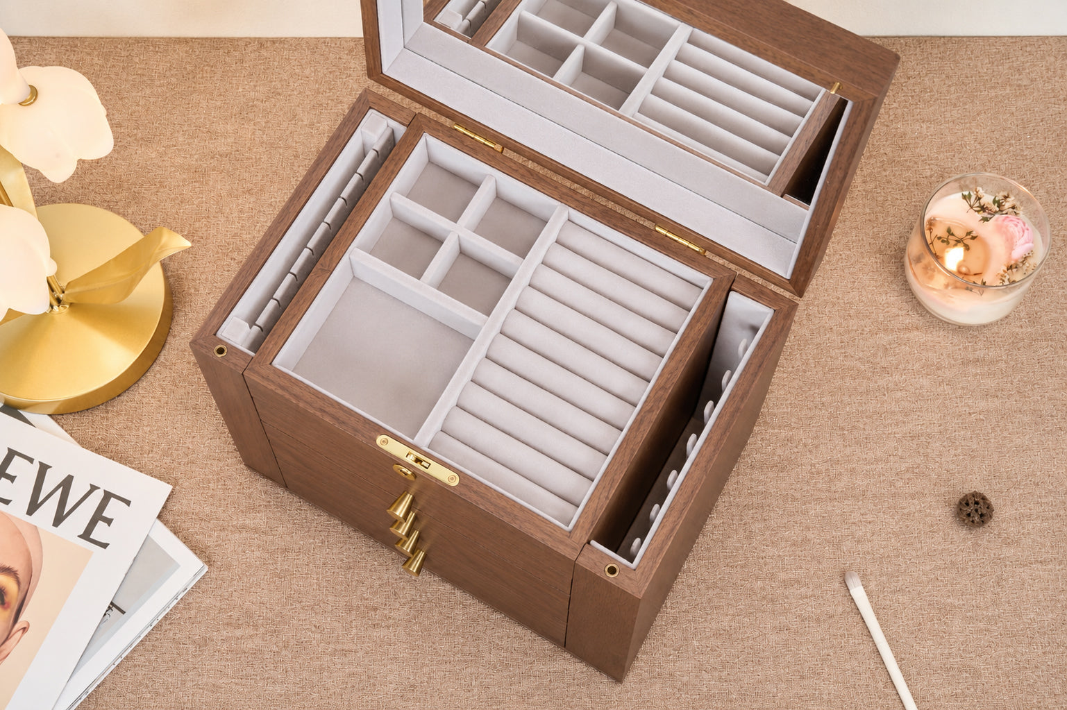 Lockable Walnut Jewelry Box with Mirror, Side Doors & 4 Drawers 9