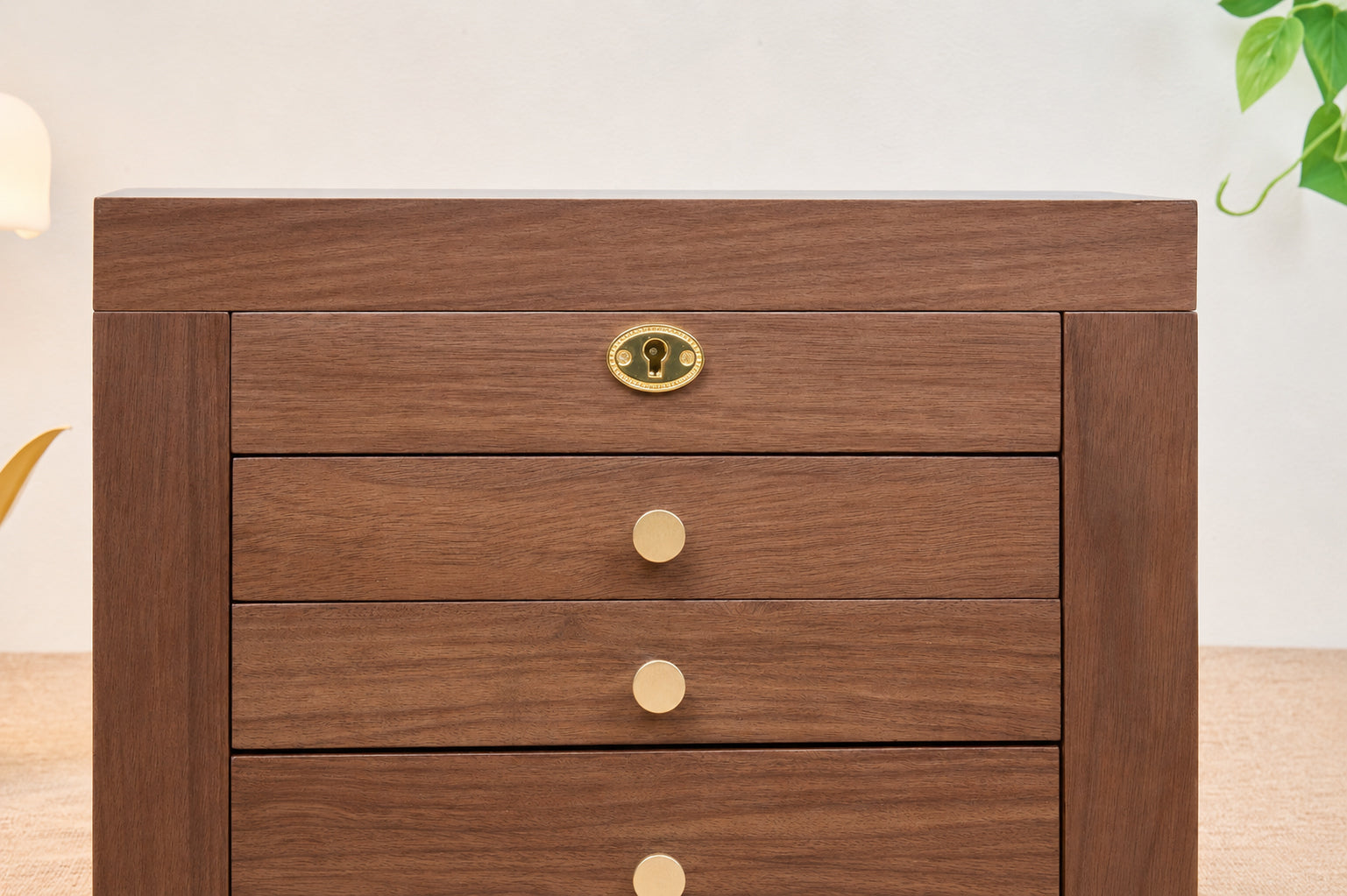 Lockable Walnut Jewelry Box with Mirror, Side Doors & 4 Drawers 12