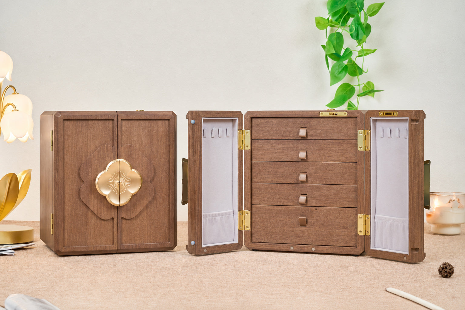 Lockable Walnut Jewelry Cabinet with Flower Hardware & 5 Drawers 6