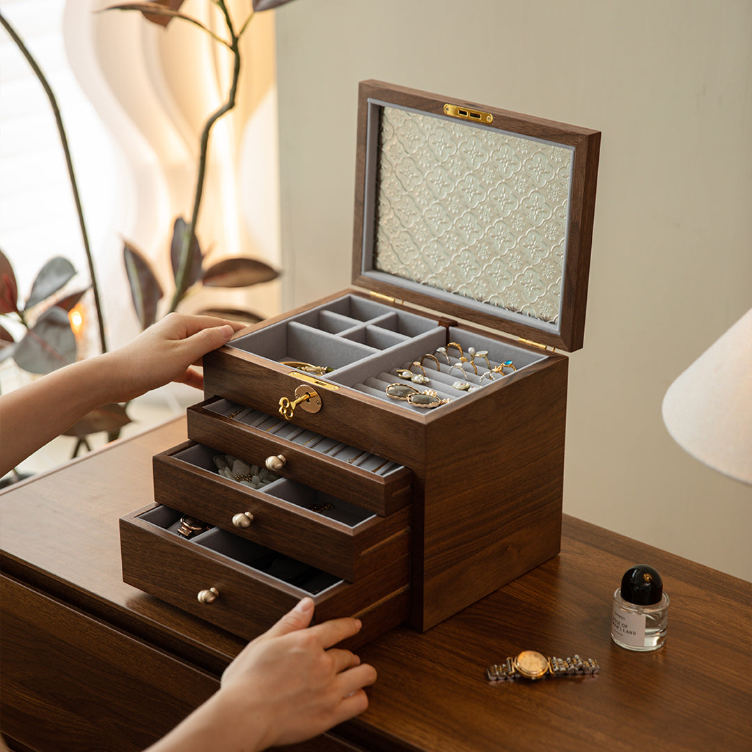 Lockable Wooden Jewelry Storage Box with Glass Lid