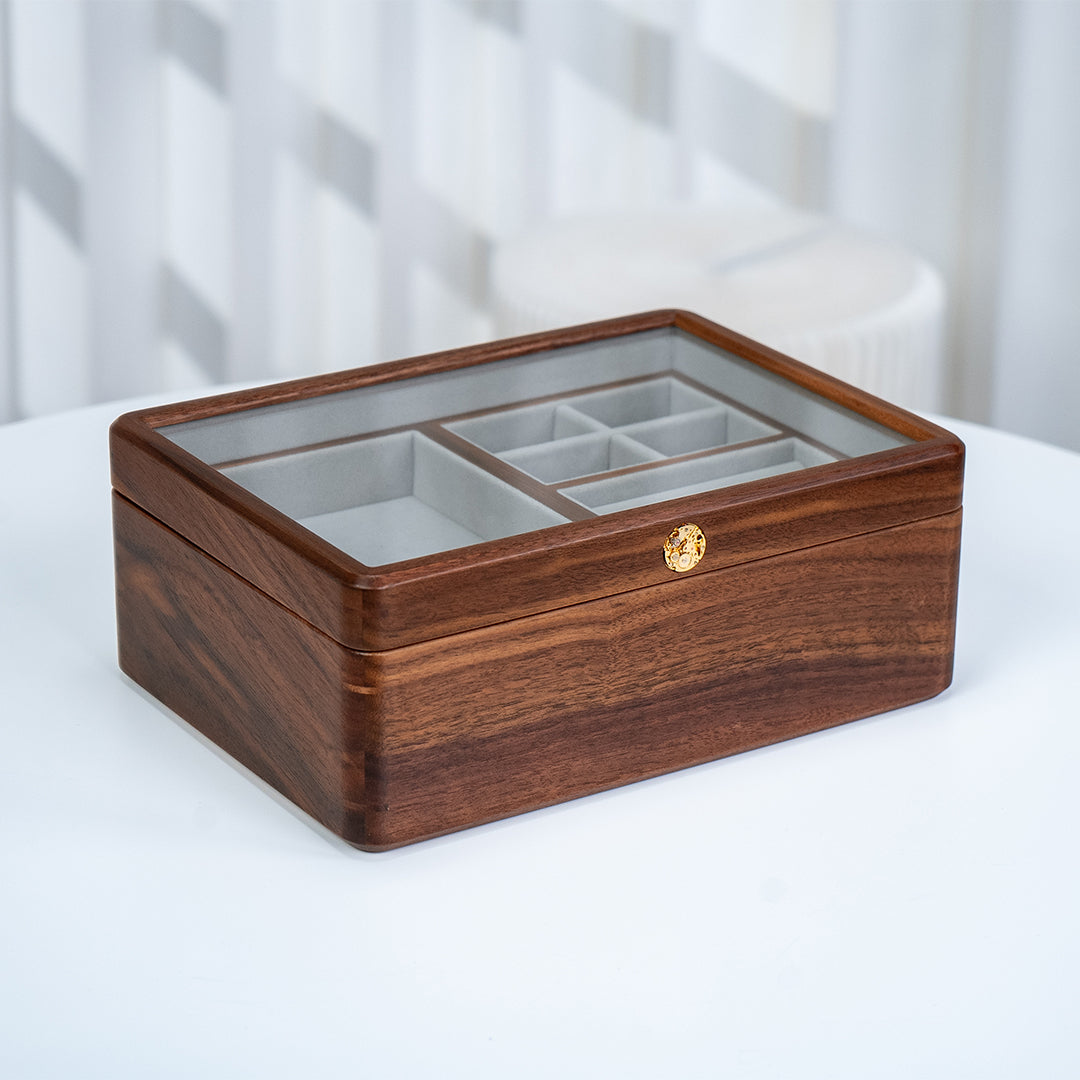 Solid Walnut 2-Layer Jewelry Box with Top Glass Lid