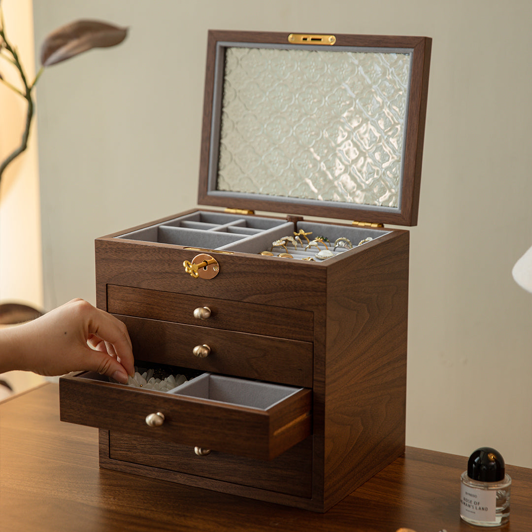 Lockable Wooden Jewelry Storage Box with Glass Lid