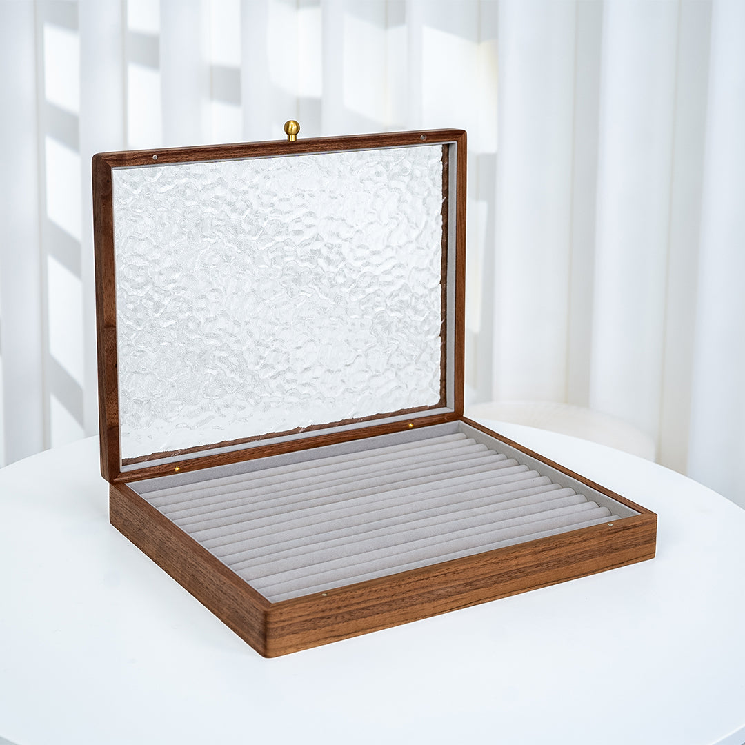 Solid Walnut Jewelry Box with Top Glass Lid