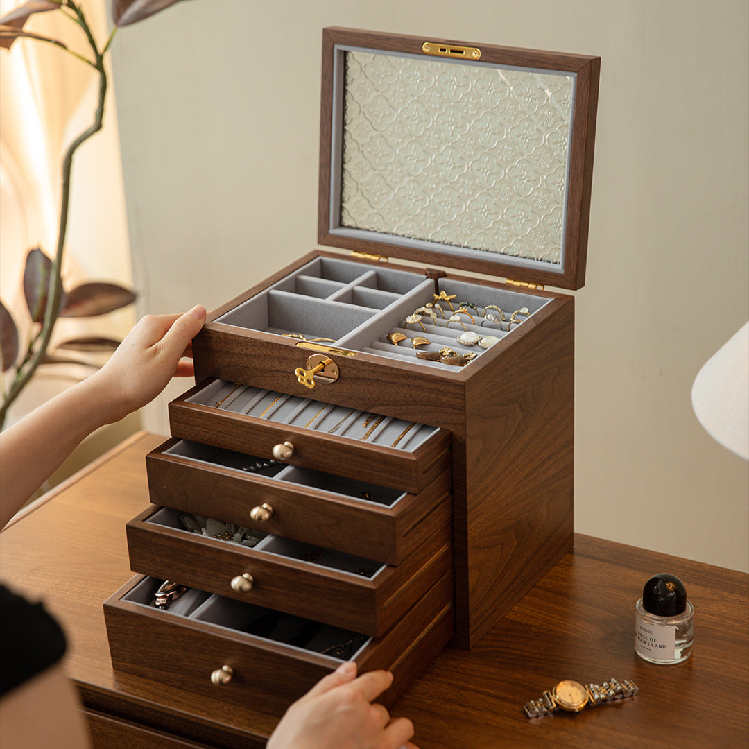 Lockable Wooden Jewelry Storage Box with Glass Lid