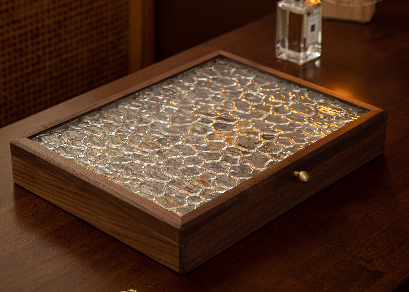 Solid Walnut Jewelry Box with Top Glass Lid