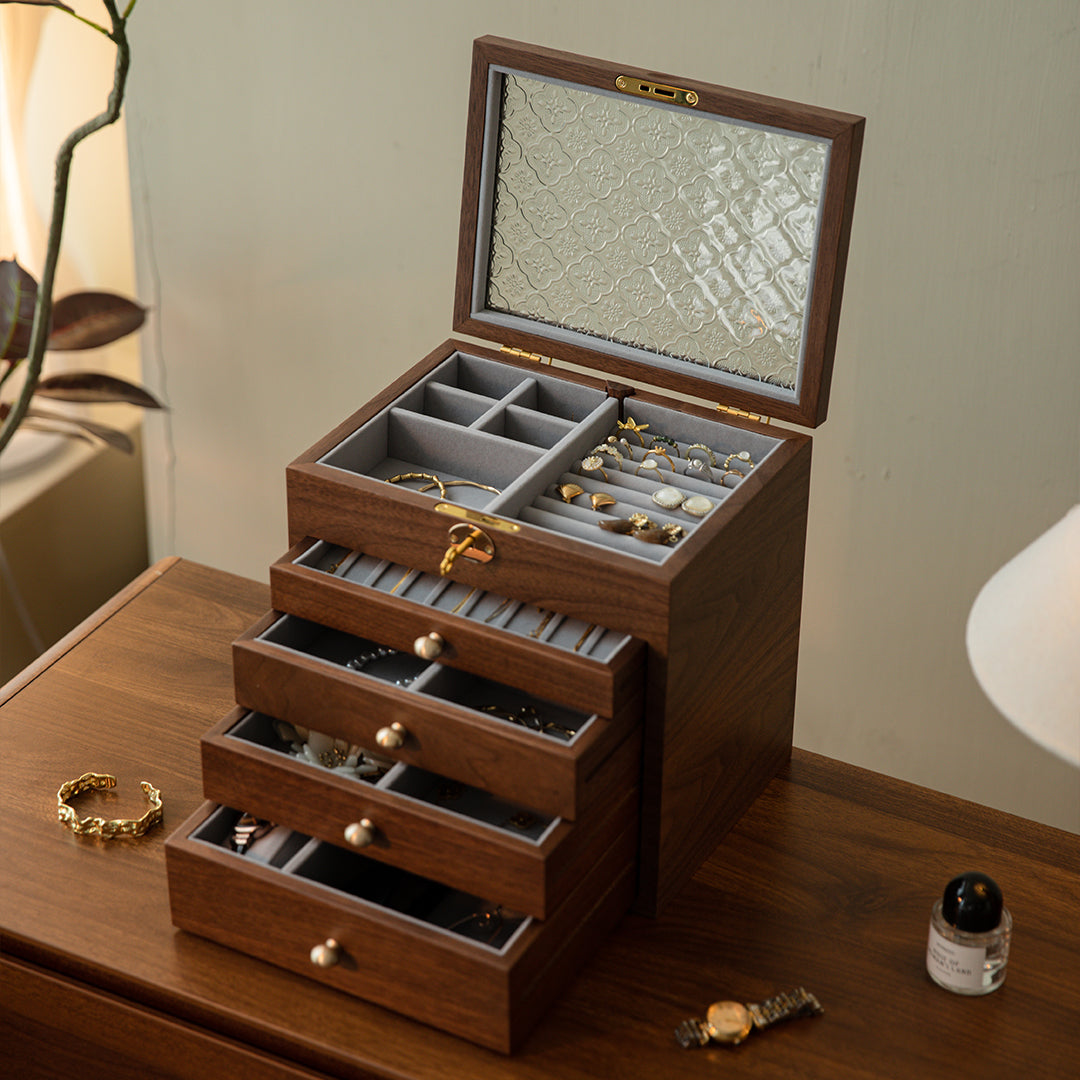 Lockable Wooden Jewelry Storage Box with Glass Lid