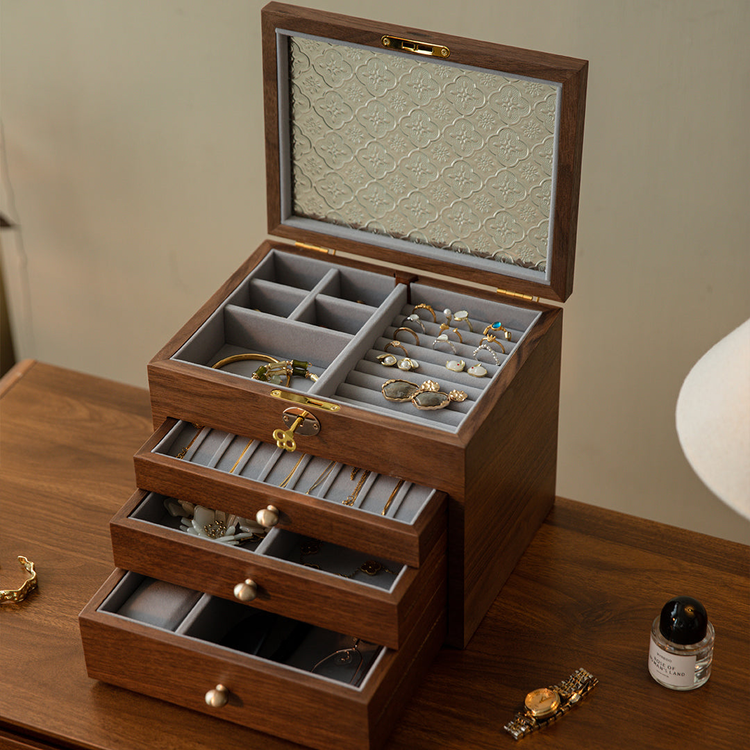 Lockable Wooden Jewelry Storage Box with Glass Lid