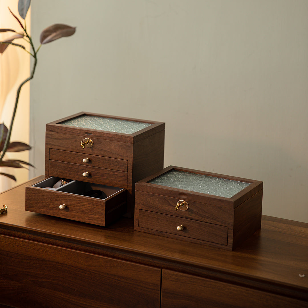 Lockable Wooden Jewelry Storage Box with Glass Lid