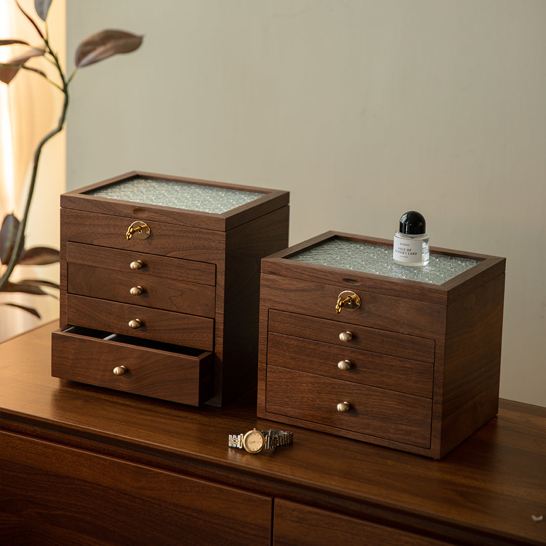 Lockable Wooden Jewelry Storage Box with Glass Lid