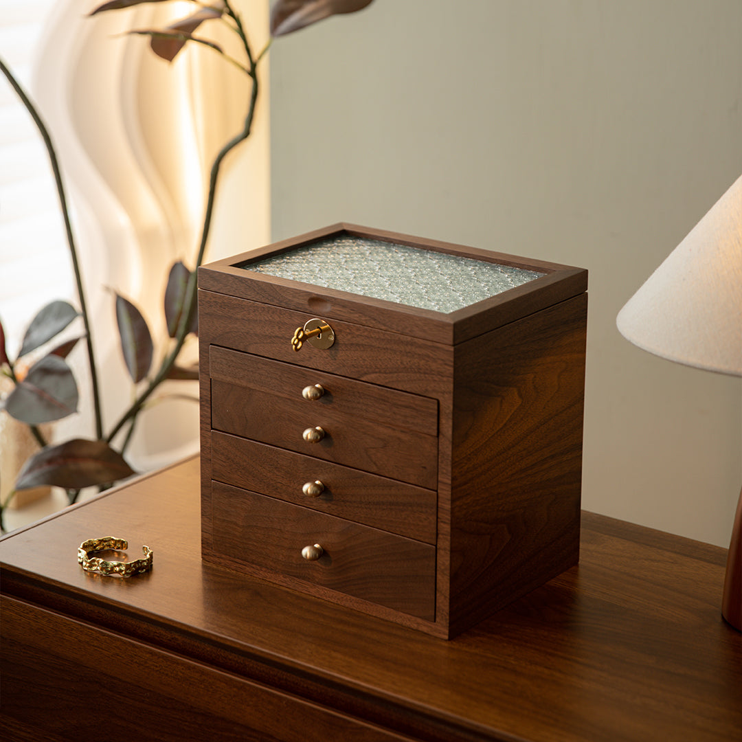 Lockable Wooden Jewelry Storage Box with Glass Lid