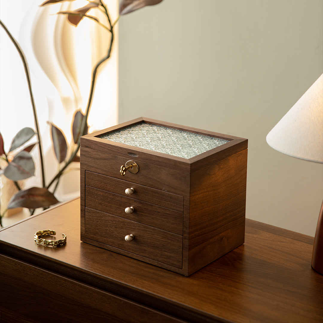 Lockable Wooden Jewelry Storage Box with Glass Lid