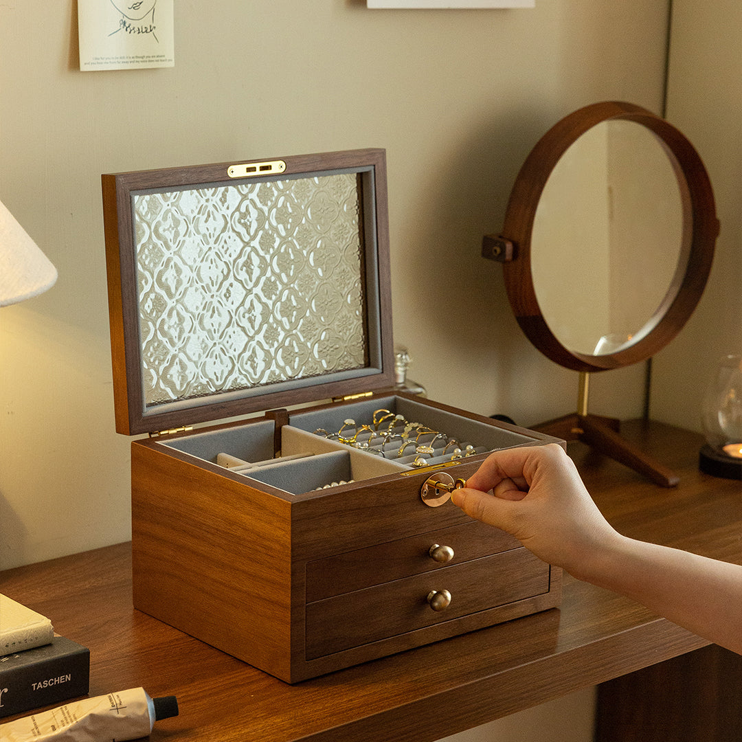 Lockable Wooden Jewelry Storage Box with Glass Lid